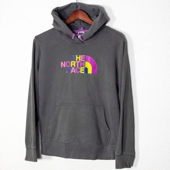 The North Face Tops - The North Face Gray Fleece Hoodie Rainbow Logo Size L Athleisure Outdoors
